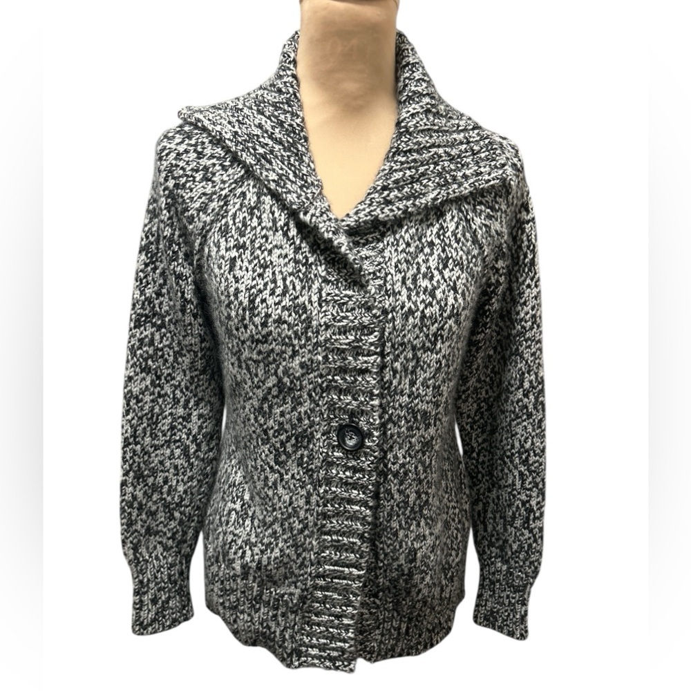 Ann Taylor LOFT Wool-blend Marled Knit Cardigan Sweater Sz Medium Black & White.